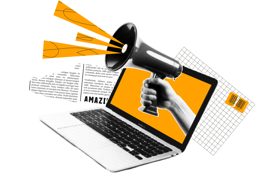 laptop with hand holding a megaphone coming out of the screen