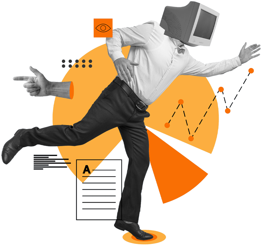 Man with a monitor for a head, running, with graphical elements in the background